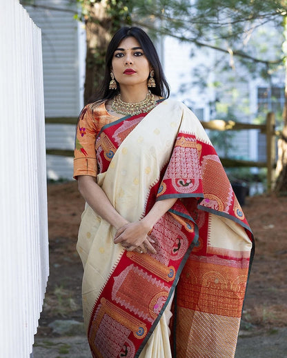 Golden And Silver Jari Design White Color Jacquard Border Saree