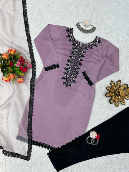 Fancy Dusty Pink Color Embroidery With Real Mirror Kurti Set