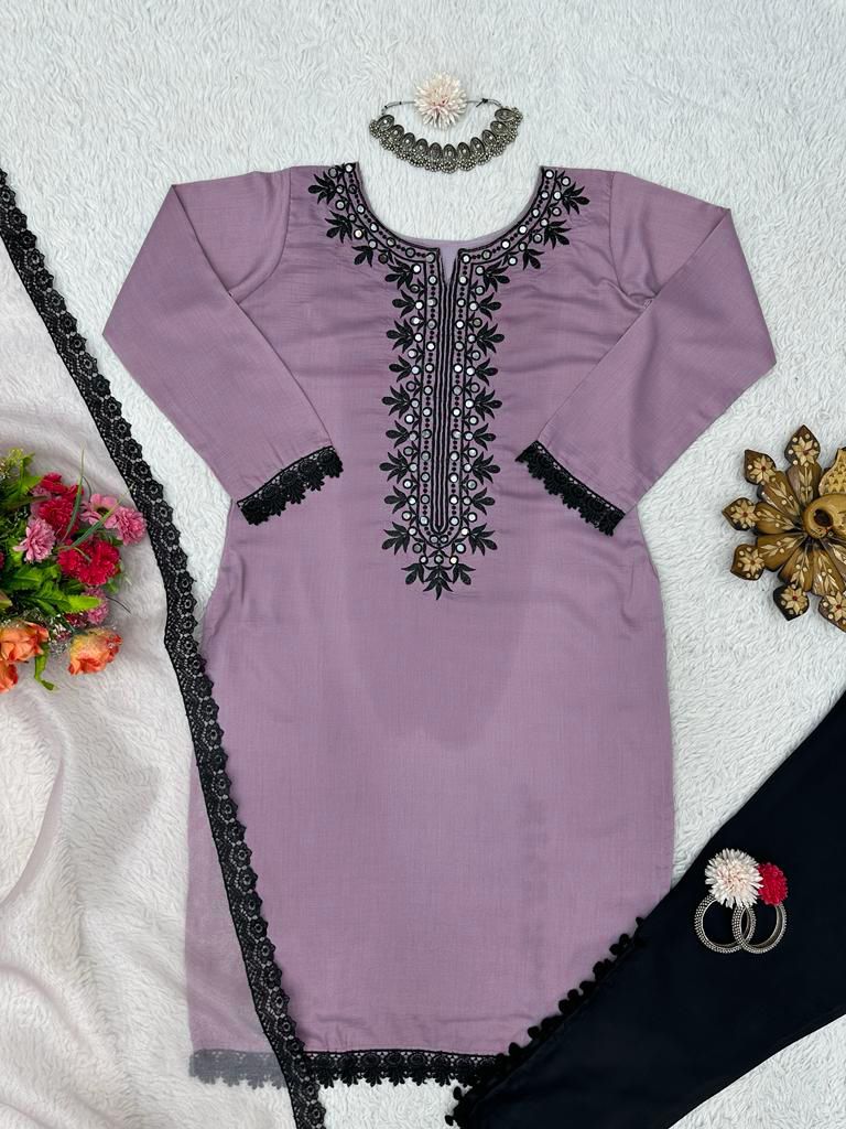 Fancy Dusty Pink Color Embroidery With Real Mirror Kurti Set