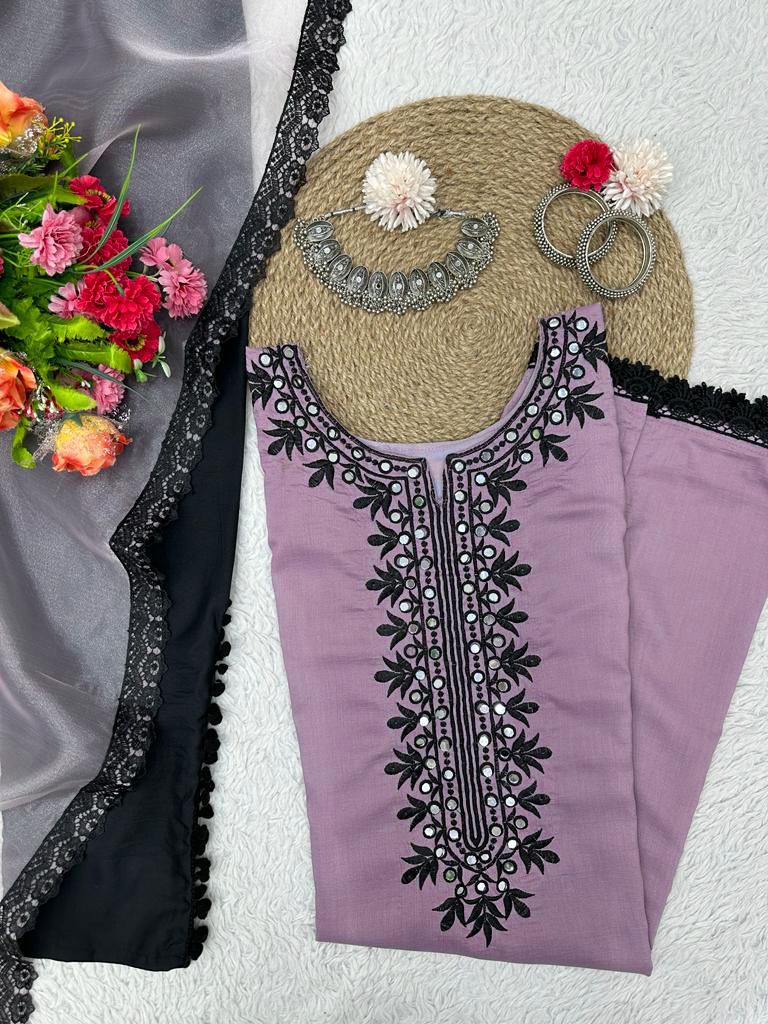 Fancy Dusty Pink Color Embroidery With Real Mirror Kurti Set