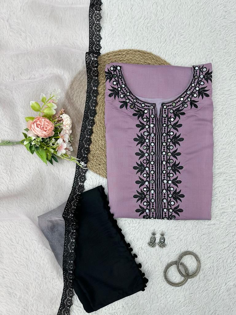 Fancy Dusty Pink Color Embroidery With Real Mirror Kurti Set