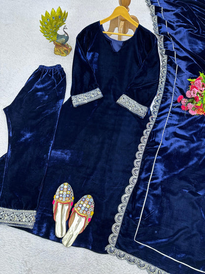 Luxuriant Blue Color Velvet Anarkali Suit With Dupatta