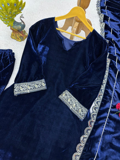 Luxuriant Blue Color Velvet Anarkali Suit With Dupatta