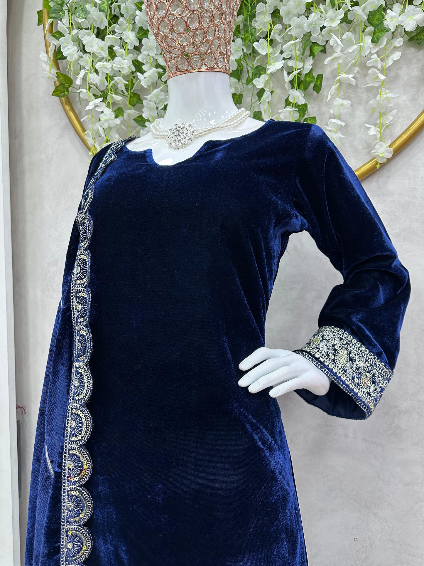 Luxuriant Blue Color Velvet Anarkali Suit With Dupatta