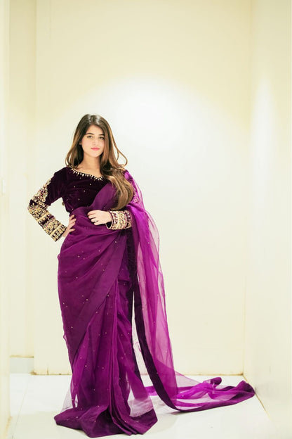 Trendy Moti Work Purple Color Wedding Wear Saree