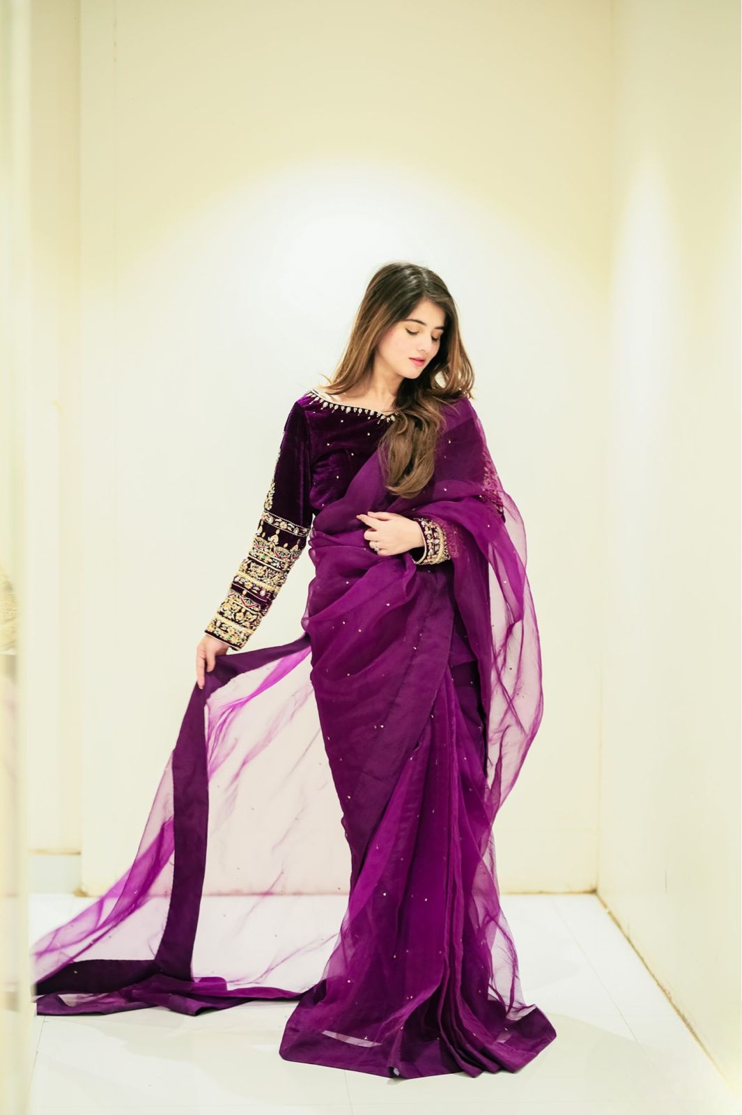 Trendy Moti Work Purple Color Wedding Wear Saree