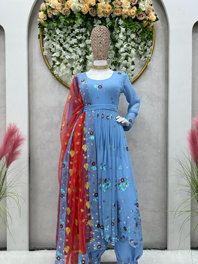 Stylish Sky Blue Sequence Thread Work Anarkali Suit