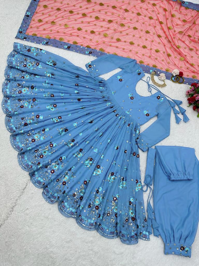 Stylish Sky Blue Sequence Thread Work Anarkali Suit