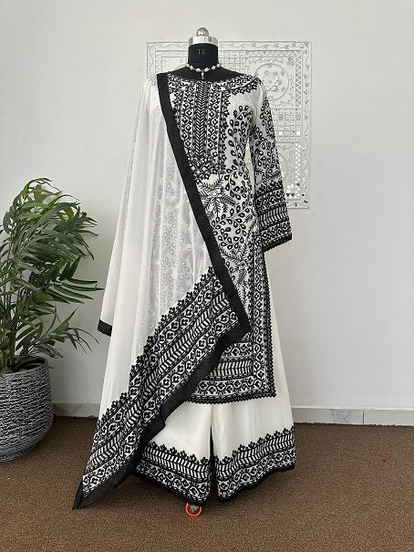 Wonderful White Sharara Set With Black Embroidery Work