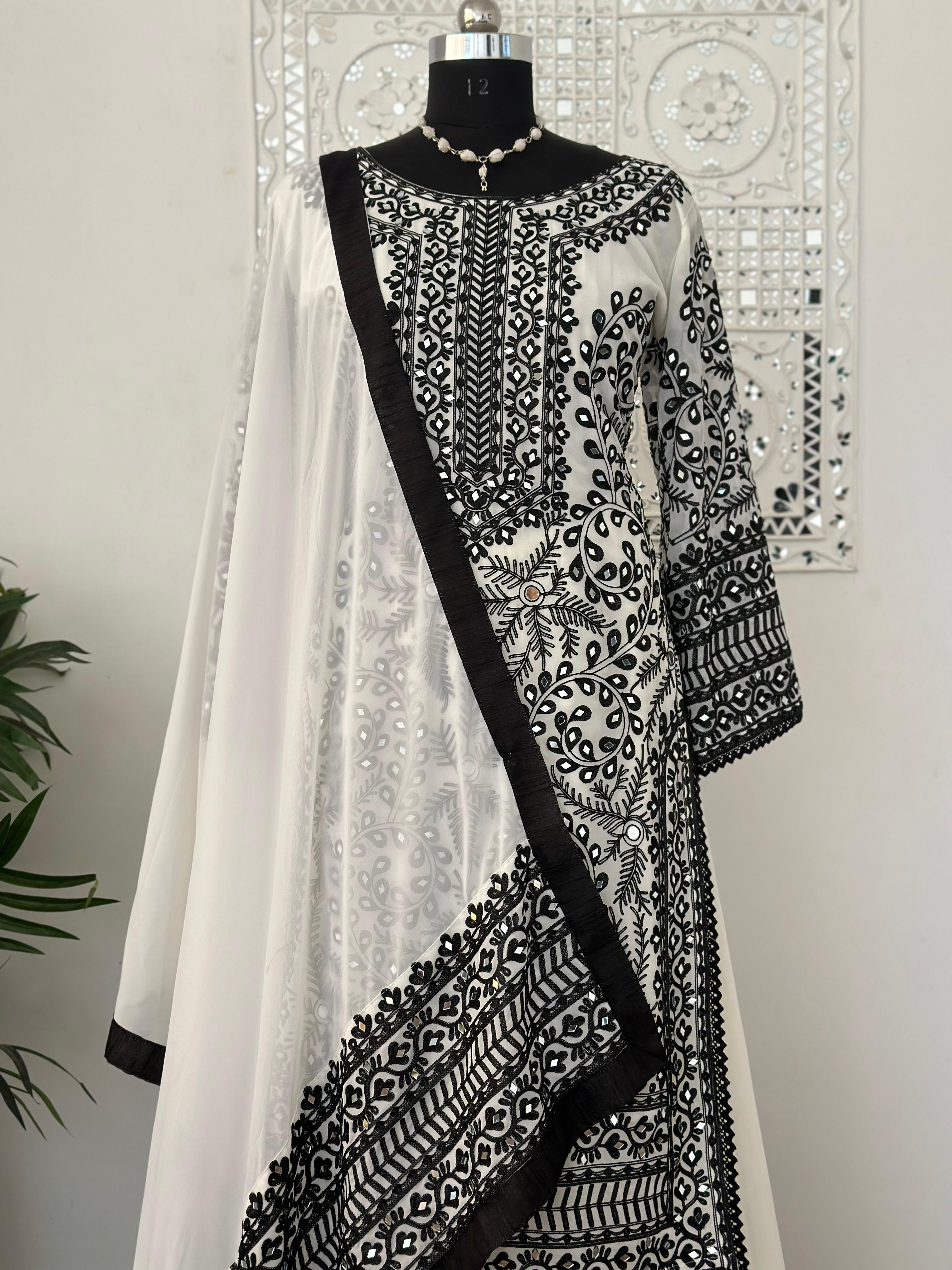 Wonderful White Sharara Set With Black Embroidery Work