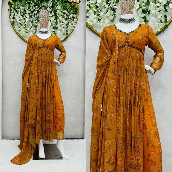 Trendy Mustard Color Digital Print Beautiful Alia Cut Anarkali Gown