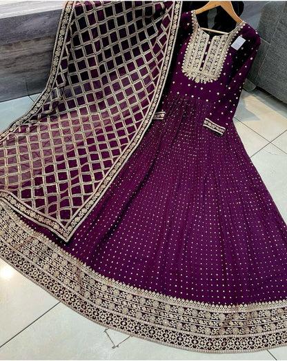 Marriage Special Purple Color Sequence Embroidery Work Anarkali Gown