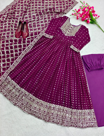 Marriage Special Purple Color Sequence Embroidery Work Anarkali Gown