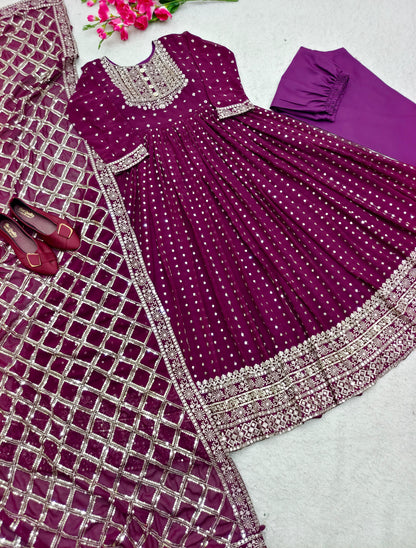 Marriage Special Purple Color Sequence Embroidery Work Anarkali Gown