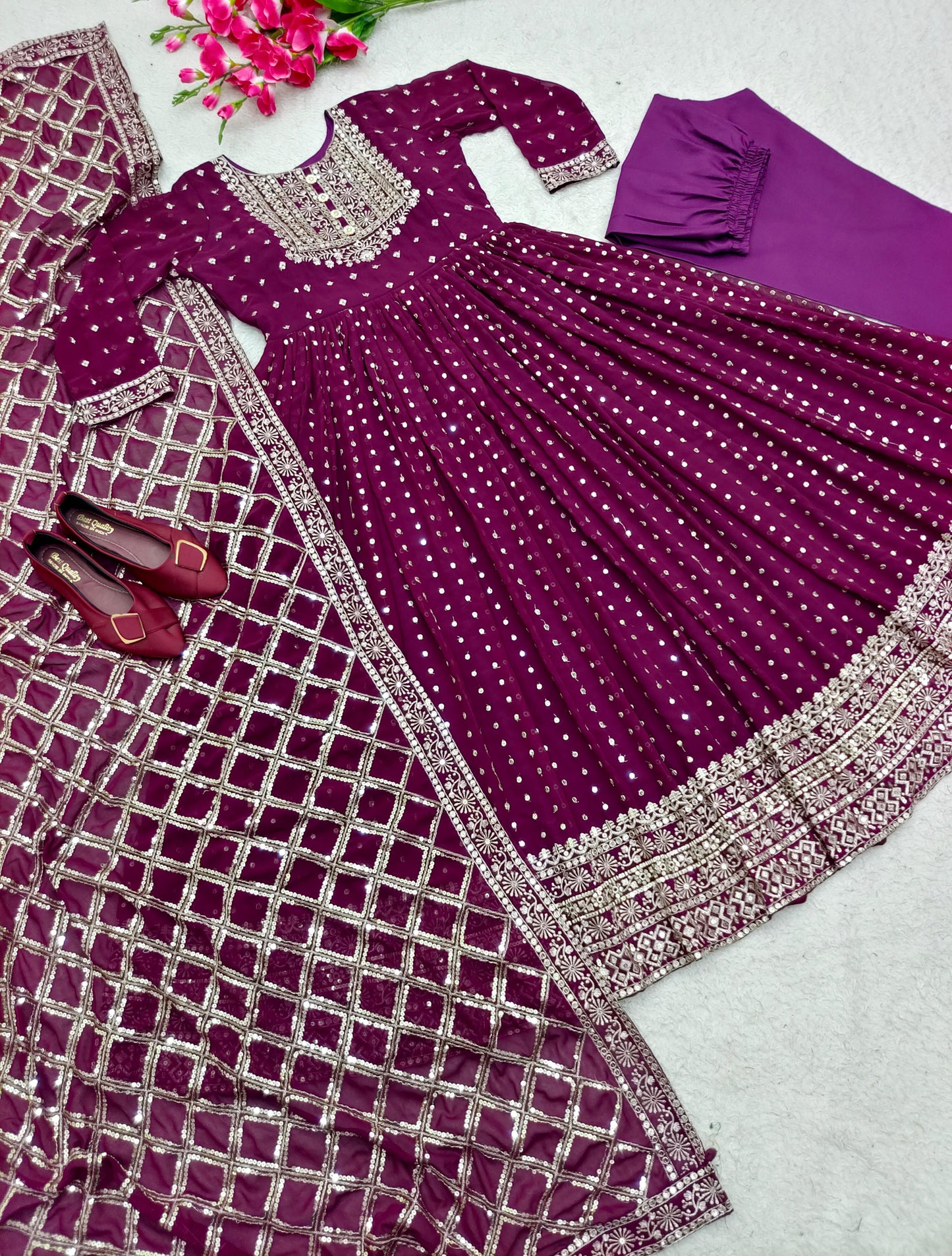 Marriage Special Purple Color Sequence Embroidery Work Anarkali Gown