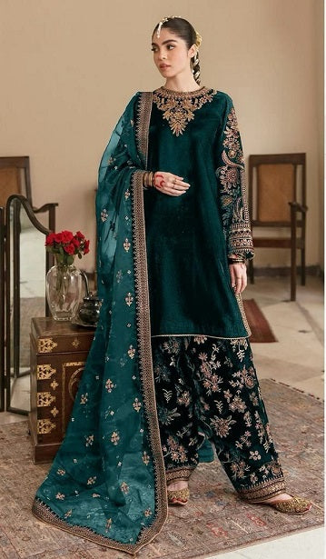 Attractive Punjabi Style Green Color Velvet Sharara Suit