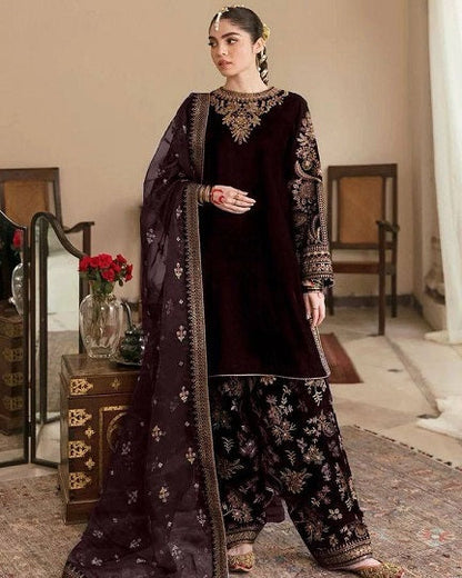 Attractive Punjabi Style Wine Color Velvet Sharara Suit