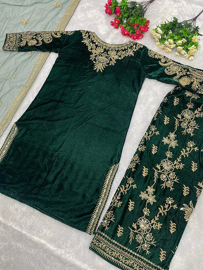 Attractive Punjabi Style Green Color Velvet Sharara Suit