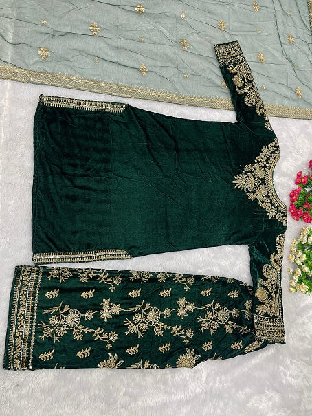 Attractive Punjabi Style Green Color Velvet Sharara Suit