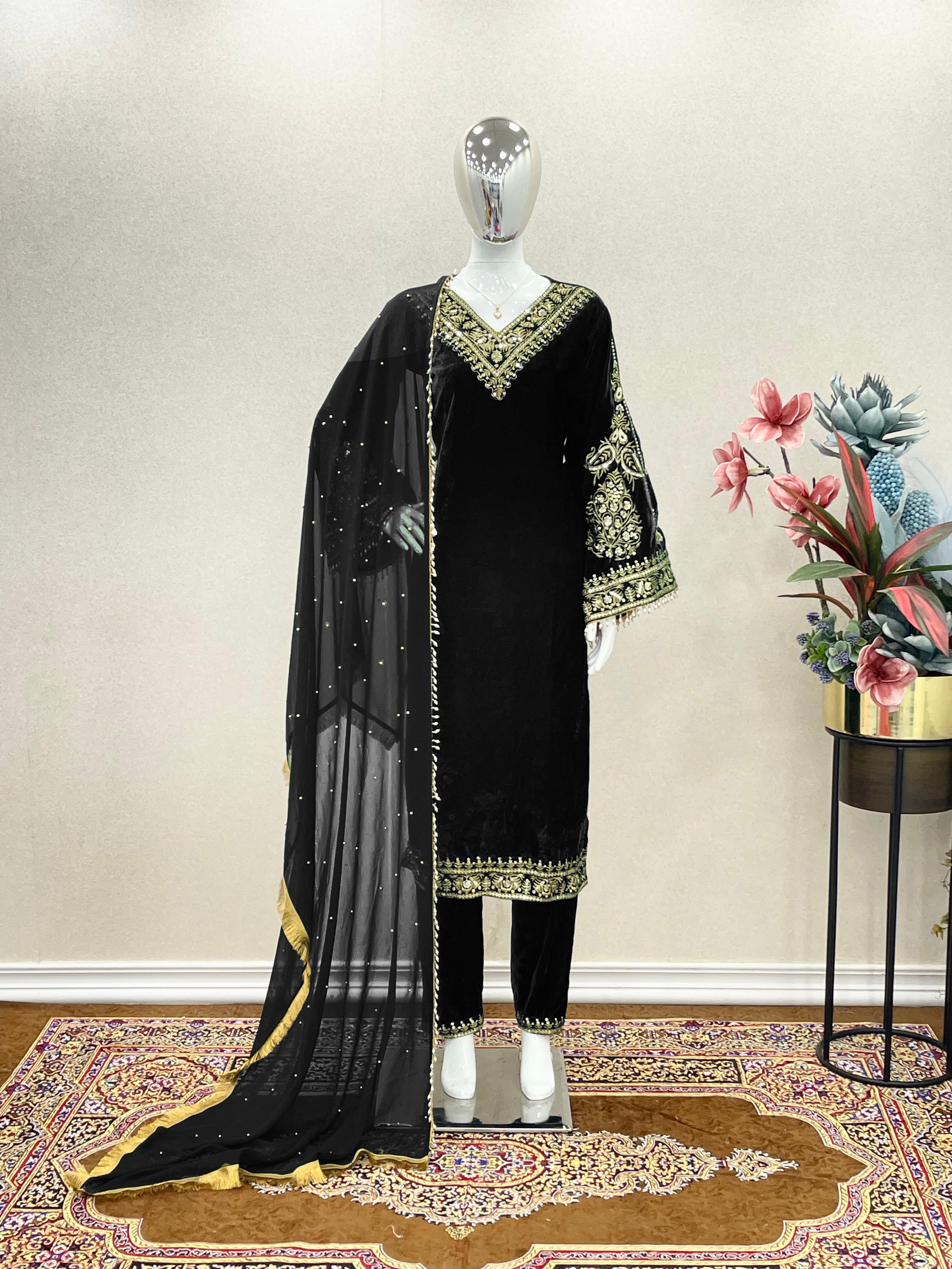 Wedding Wear Black Color Velvet Salwar Suit