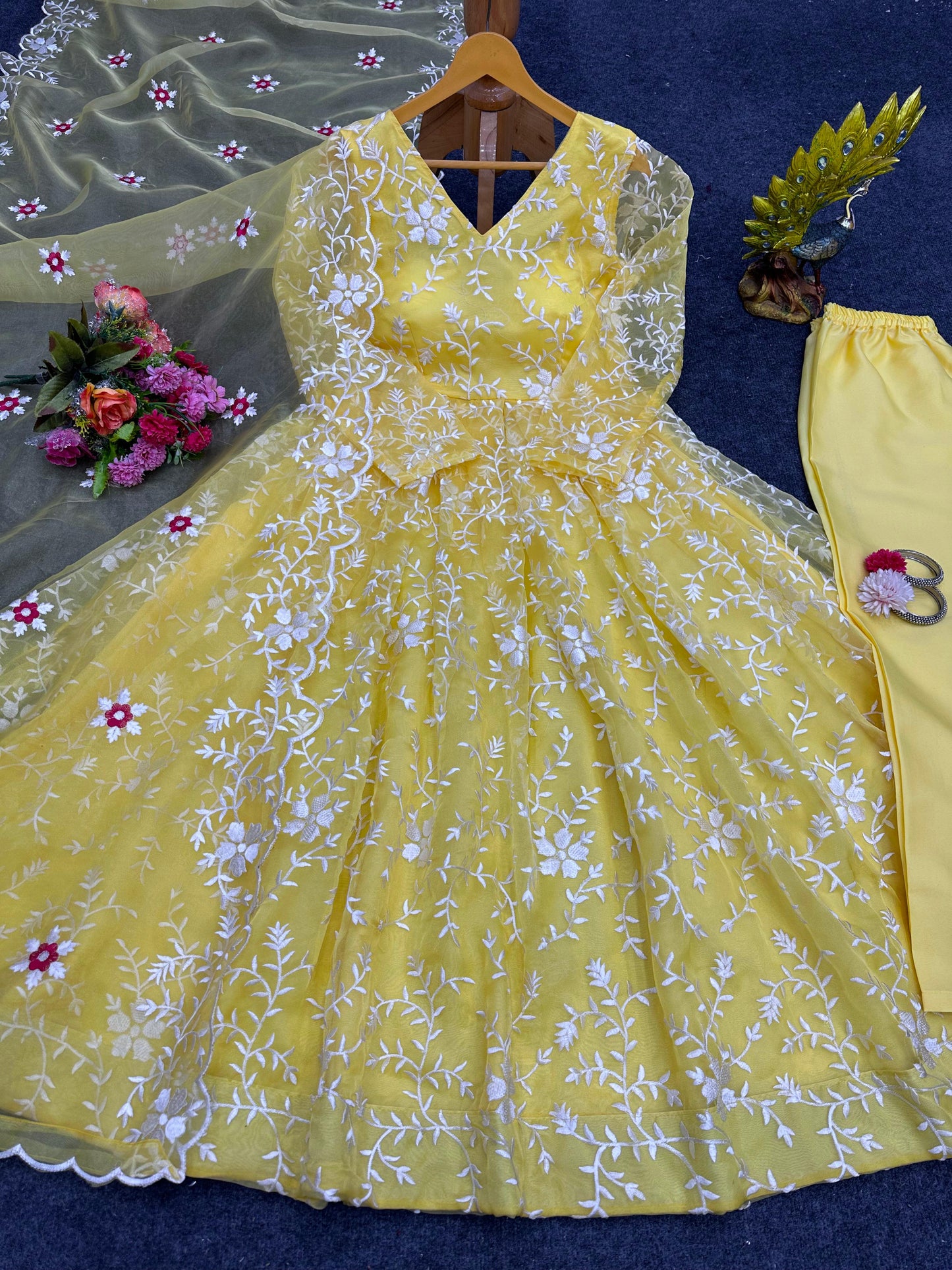 Yellow Color Organza Silk Thread Work Anarkali Suit