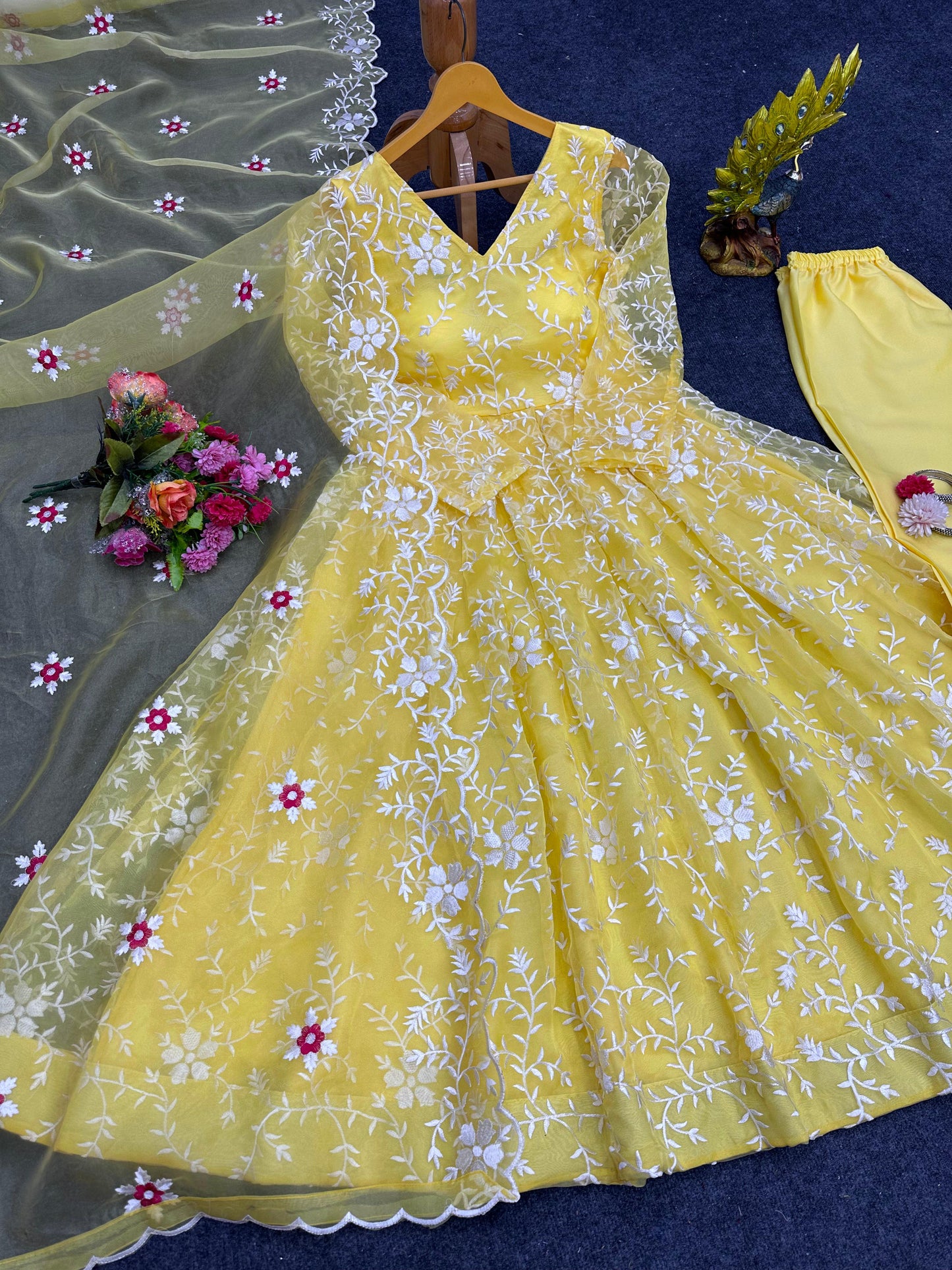 Yellow Color Organza Silk Thread Work Anarkali Suit