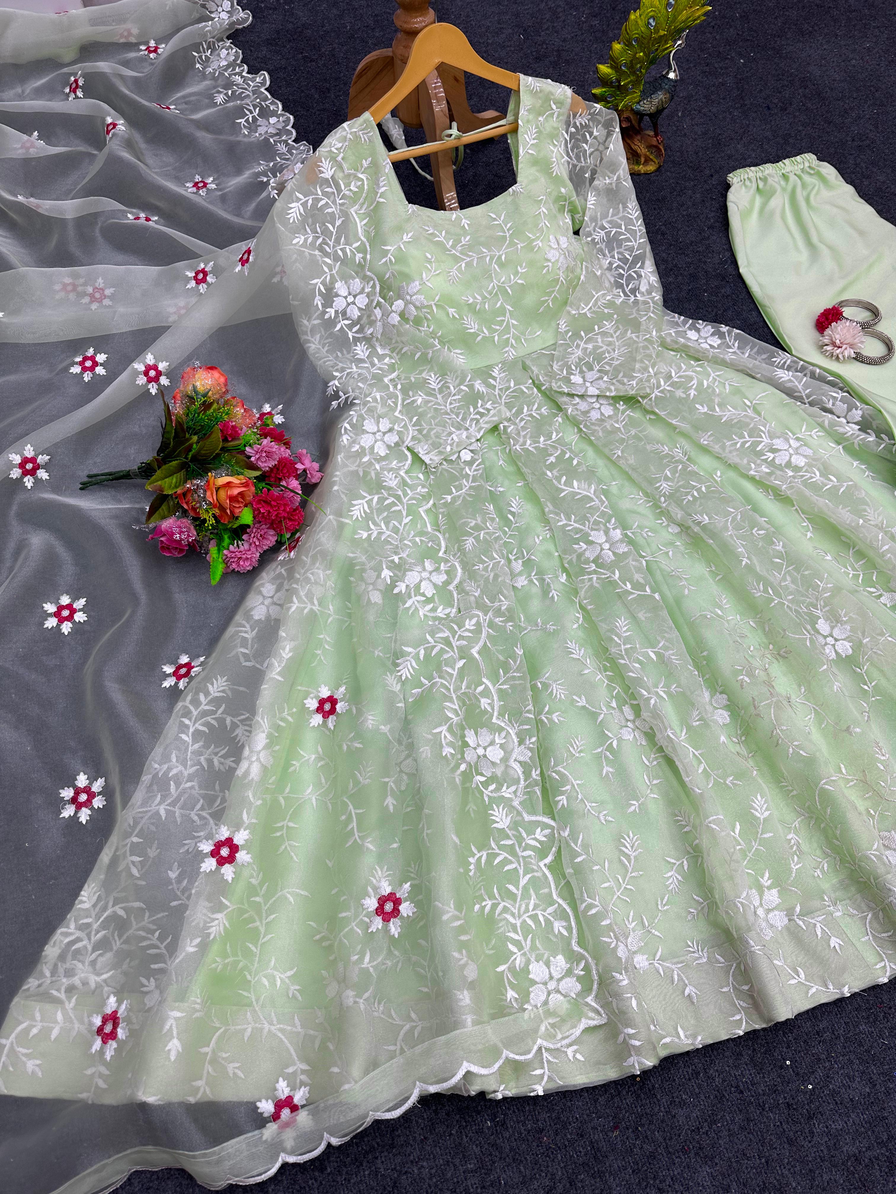 Pista Green Color Organza Silk Thread Work Anarkali Suit