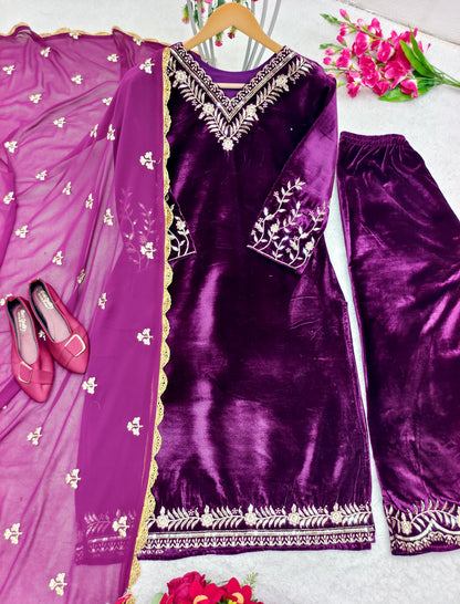 Awesome Punjabi Style Purple Color Velvet Salwar suit