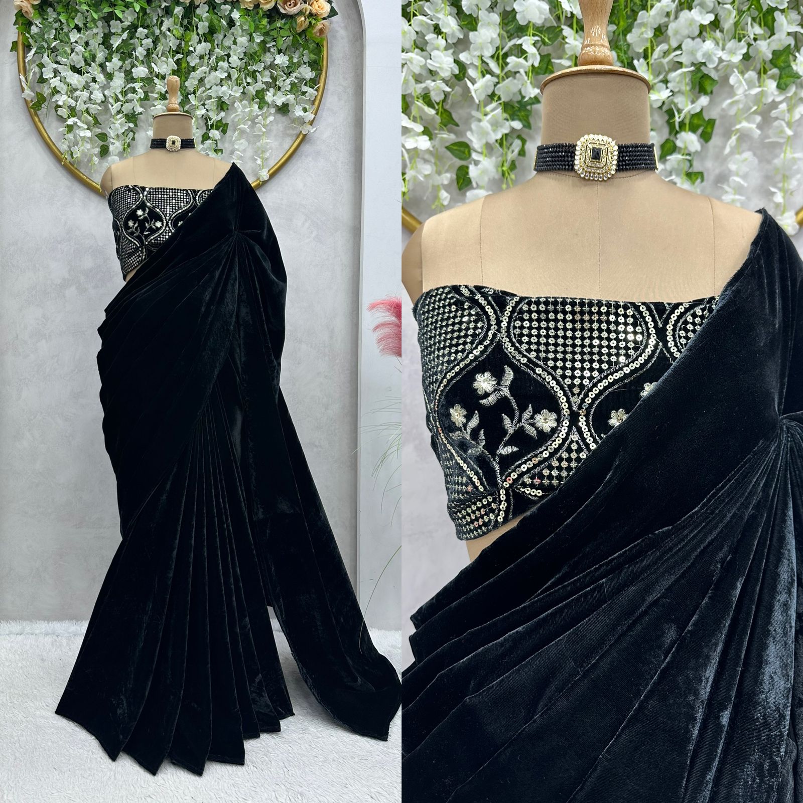 Buy online Black Self Design Velvet Saree With Blouse from ethnic wear for  Women by 3buddy Fashion for ₹589 at 63% off | 2024 Limeroad.com
