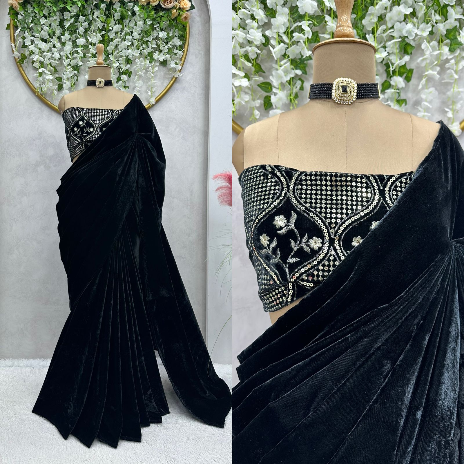 Black color Velvet Saree With Sequence Work Blouse