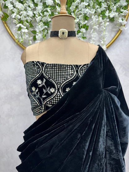 Black color Velvet Saree With Sequence Work Blouse