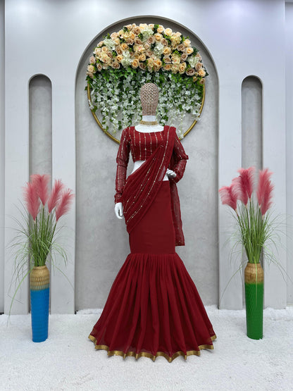 Ready To Wear Maroon Color Beautiful Work Lehenga Saree