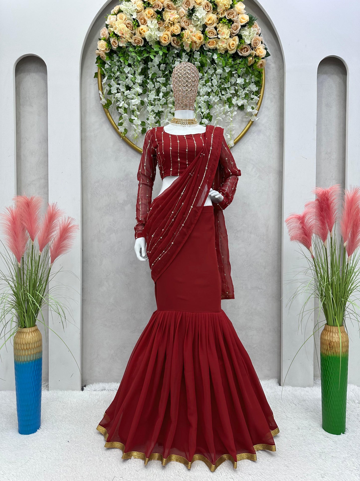 Ready To Wear Maroon Color Beautiful Work Lehenga Saree