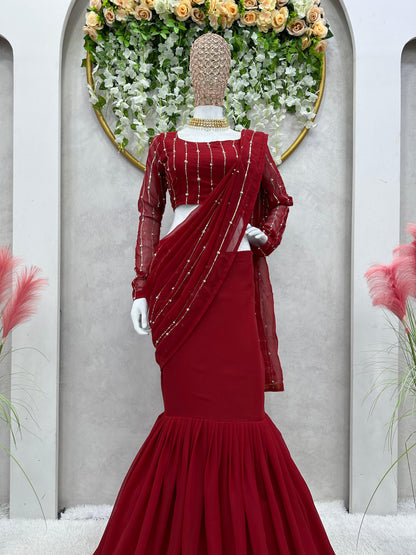 Ready To Wear Maroon Color Beautiful Work Lehenga Saree