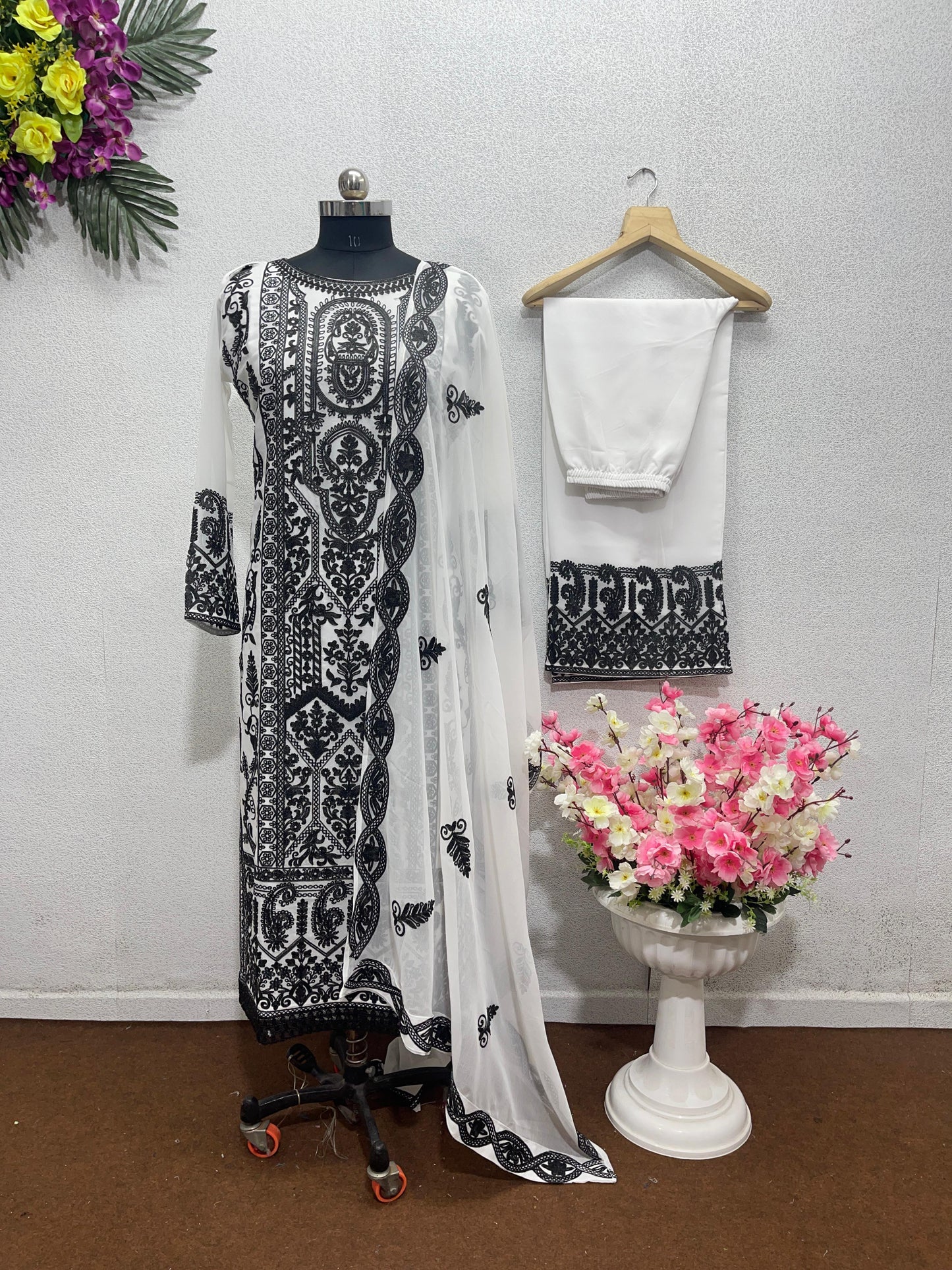 Chine Stitch Work Black And White Color Palazzo Suit