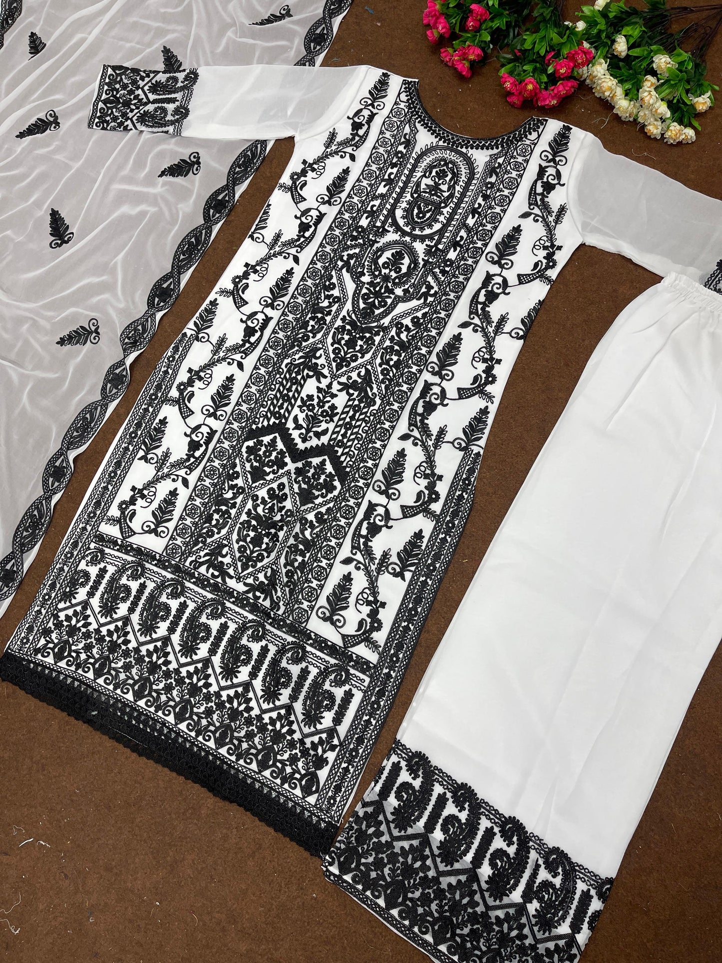 Chine Stitch Work Black And White Color Palazzo Suit