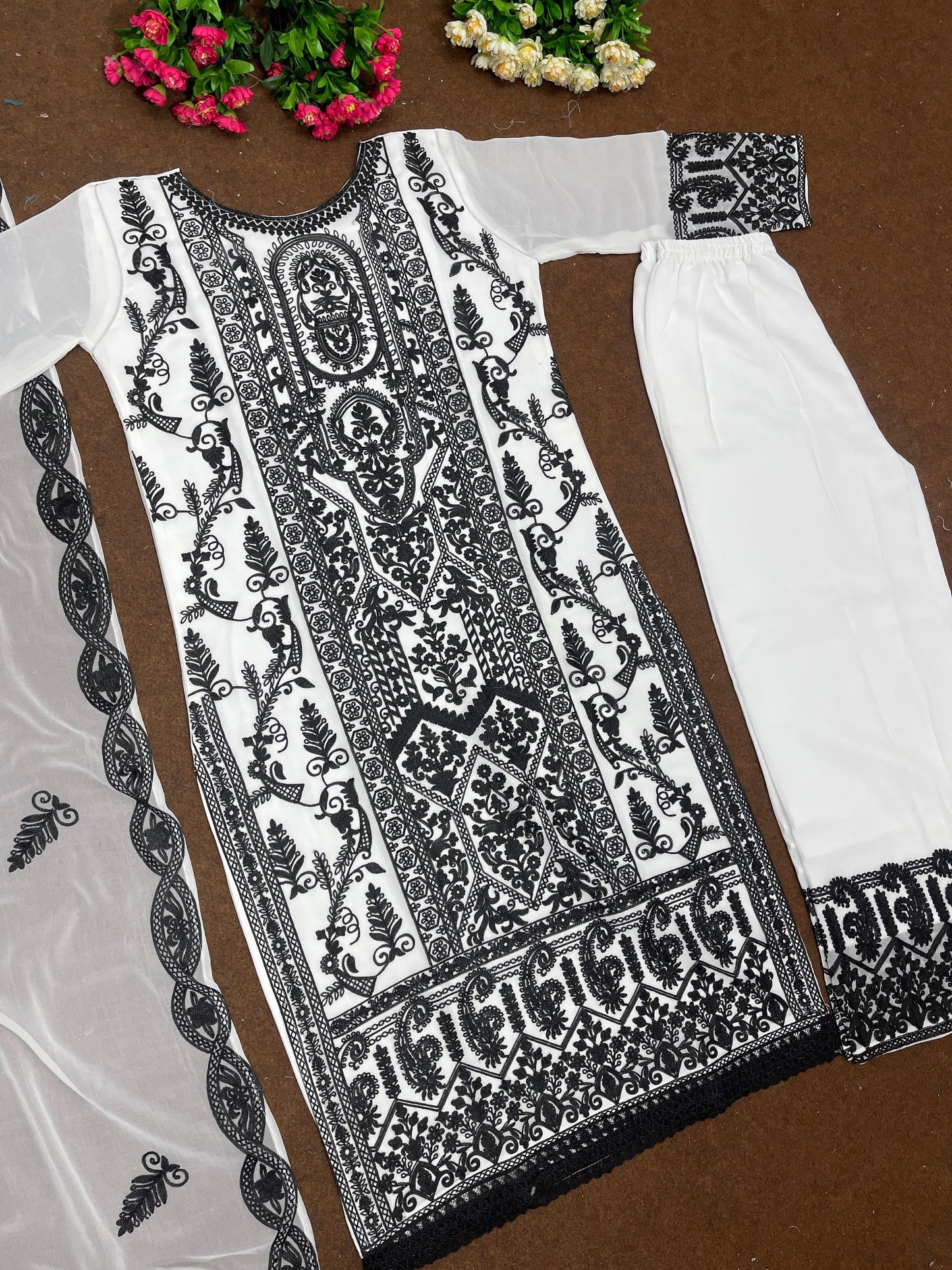 Chine Stitch Work Black And White Color Palazzo Suit