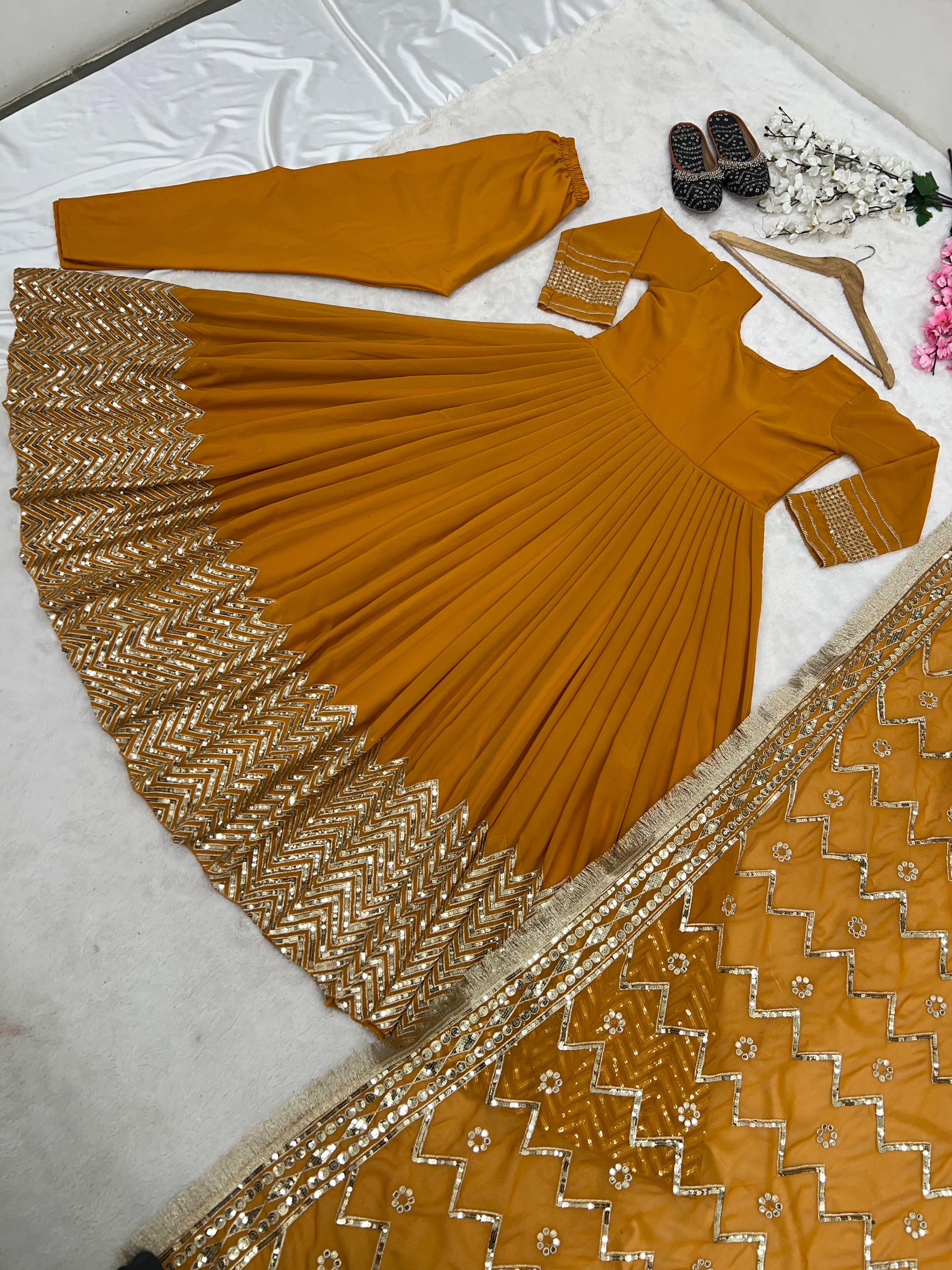 Occasion Wear Mustard Color Sequence Work Anarkali Gown