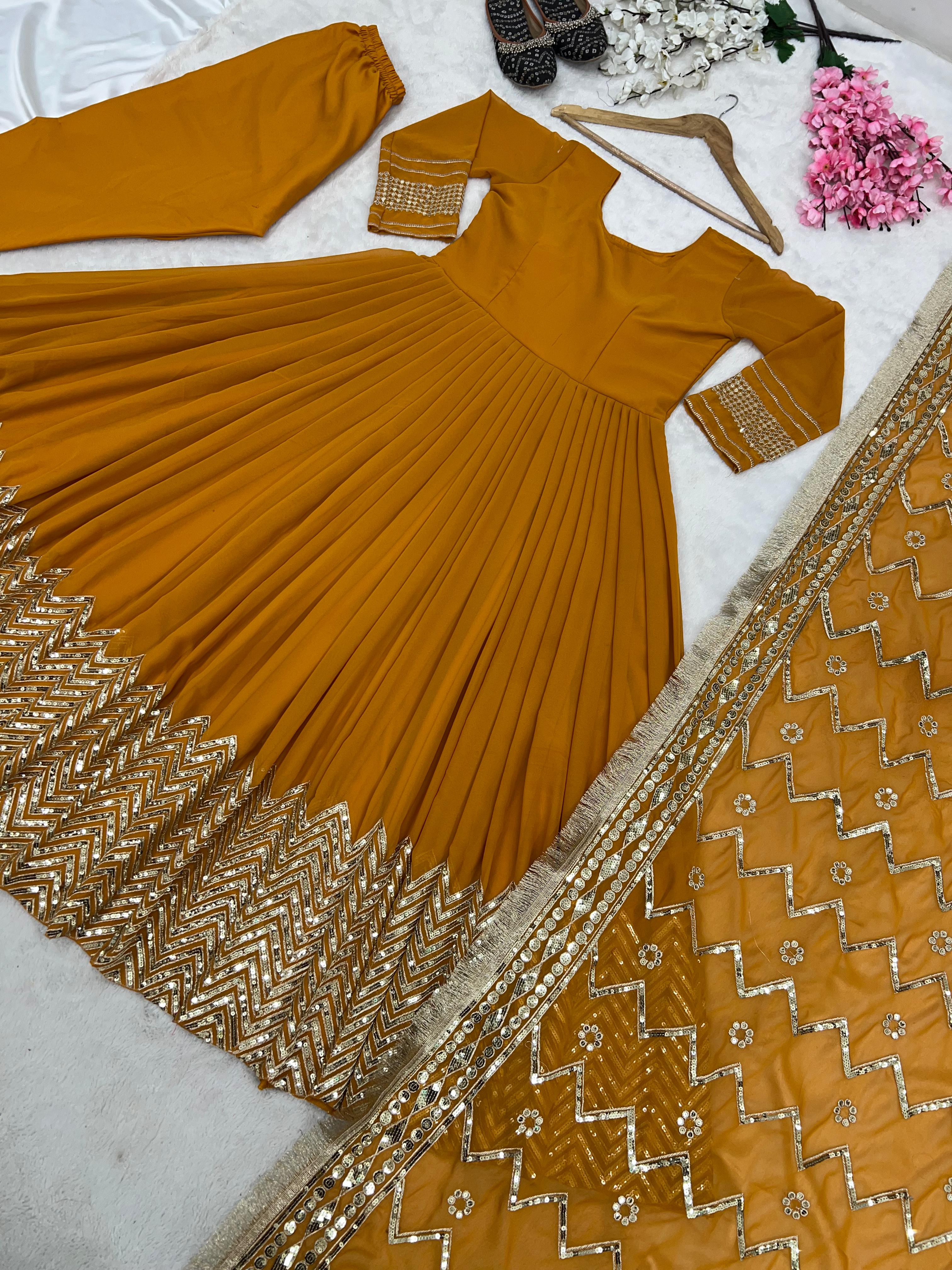 Occasion Wear Mustard Color Sequence Work Anarkali Gown