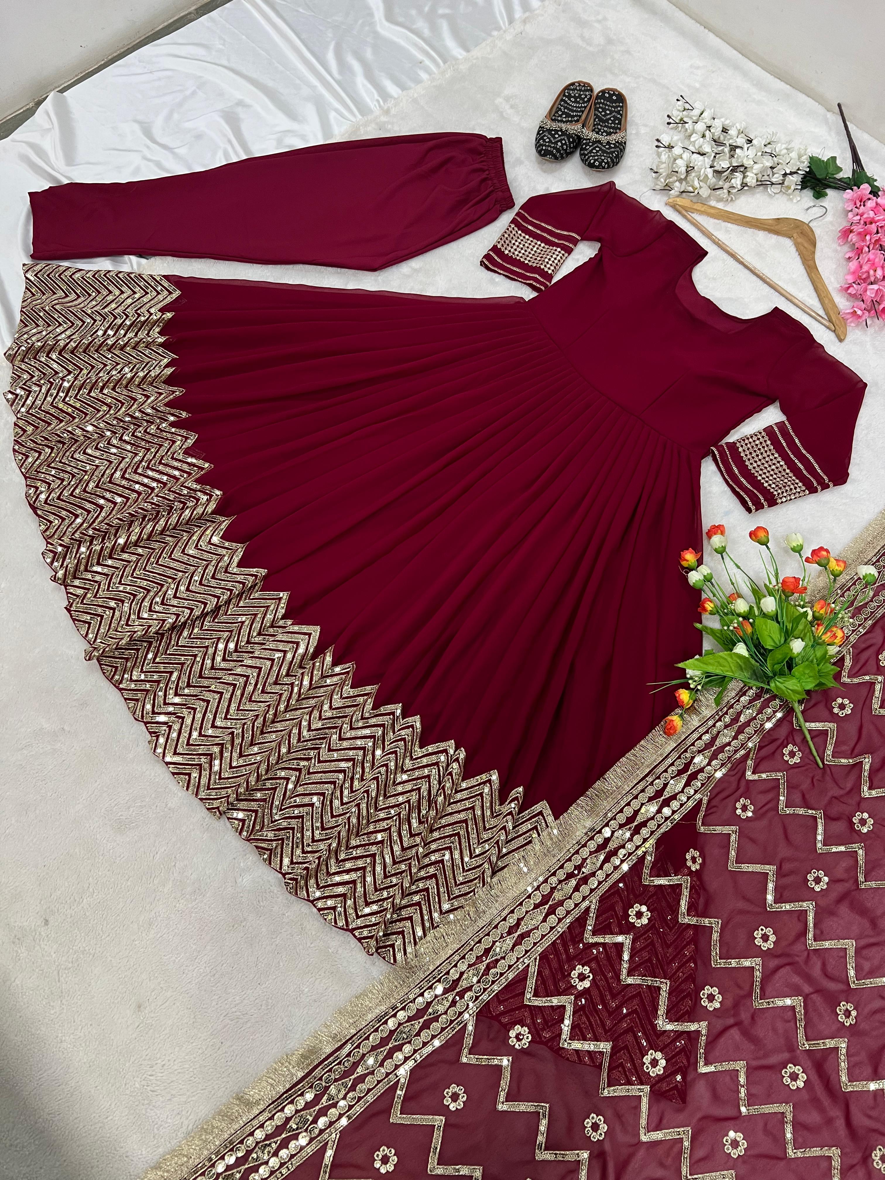 Occasion Wear Wine Color Sequence Work Anarkali Gown