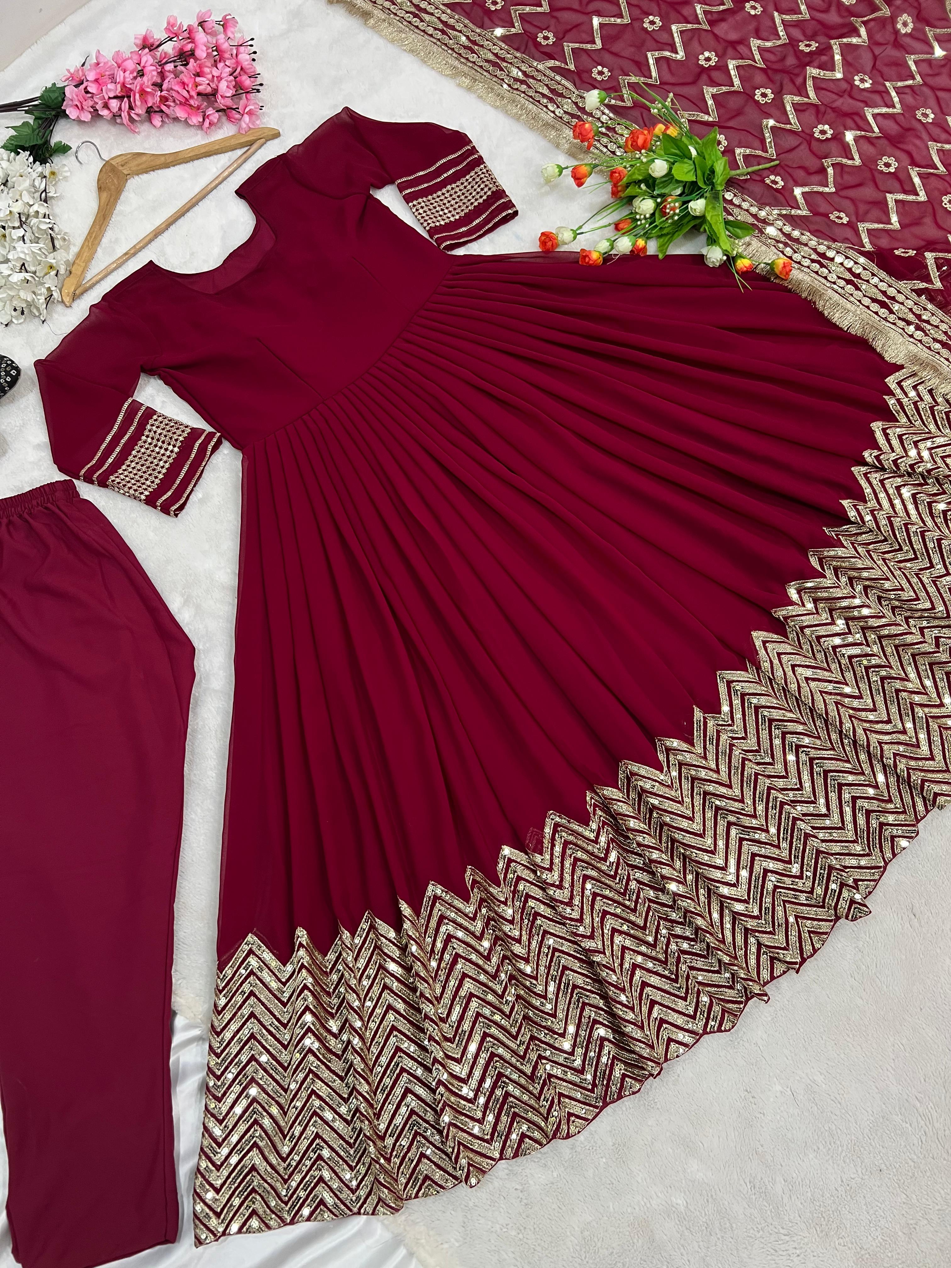 Occasion Wear Wine Color Sequence Work Anarkali Gown