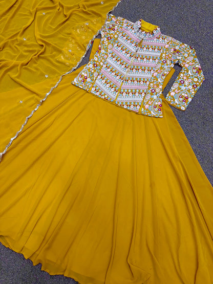 Haldi Wear Yellow Plain Gown With Beautiful Work Koti