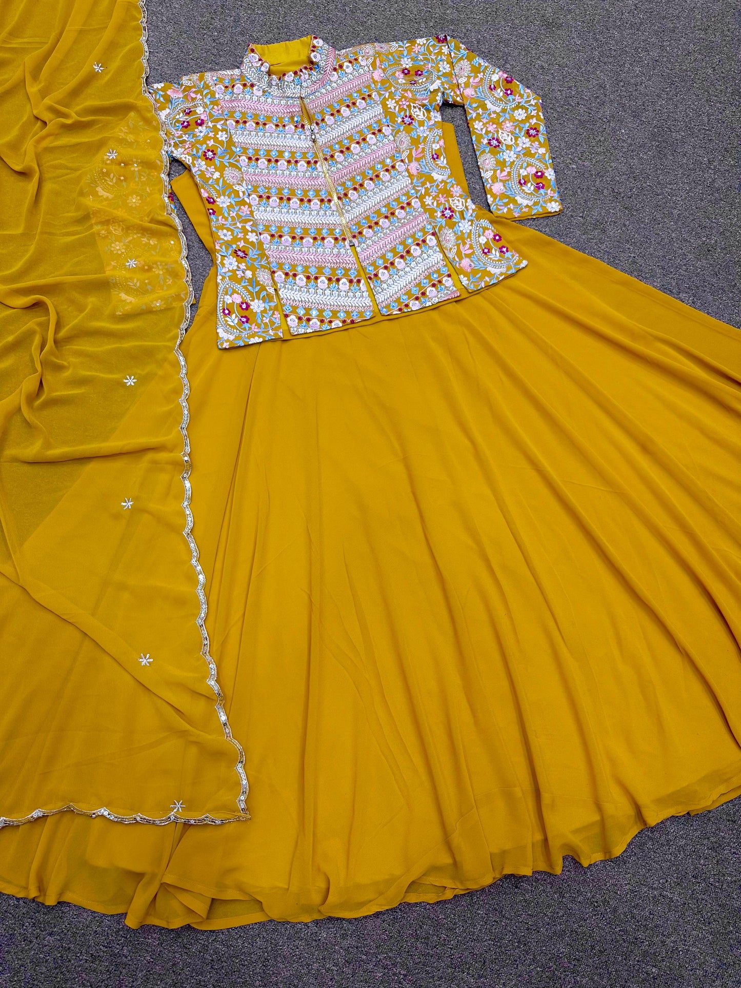 Haldi Wear Yellow Plain Gown With Beautiful Work Koti