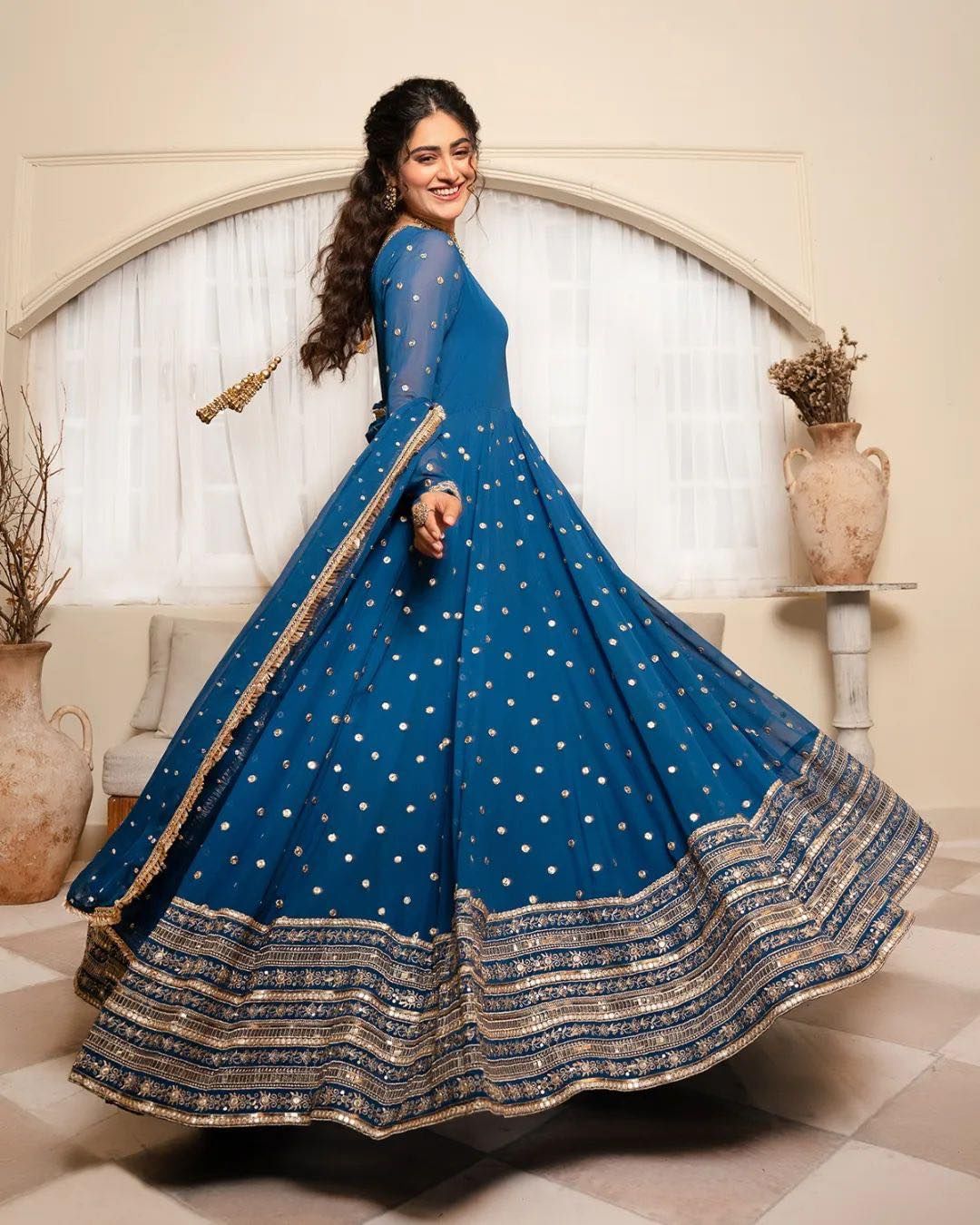 Teal Blue Embroidery Work Anarkali Style Long Gown With Dupatta