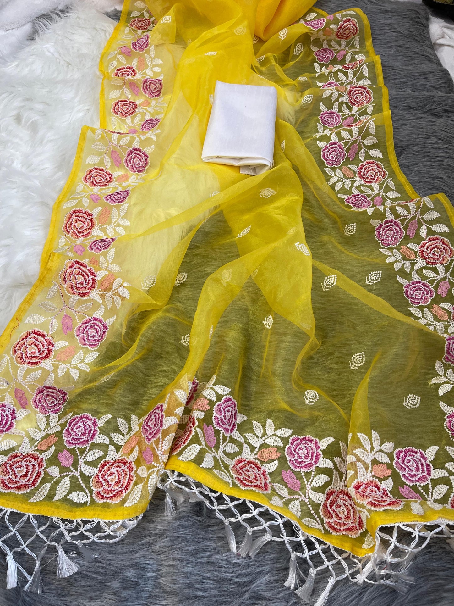 Function Wear Yellow Color Multi Embroidery Work Organza Saree