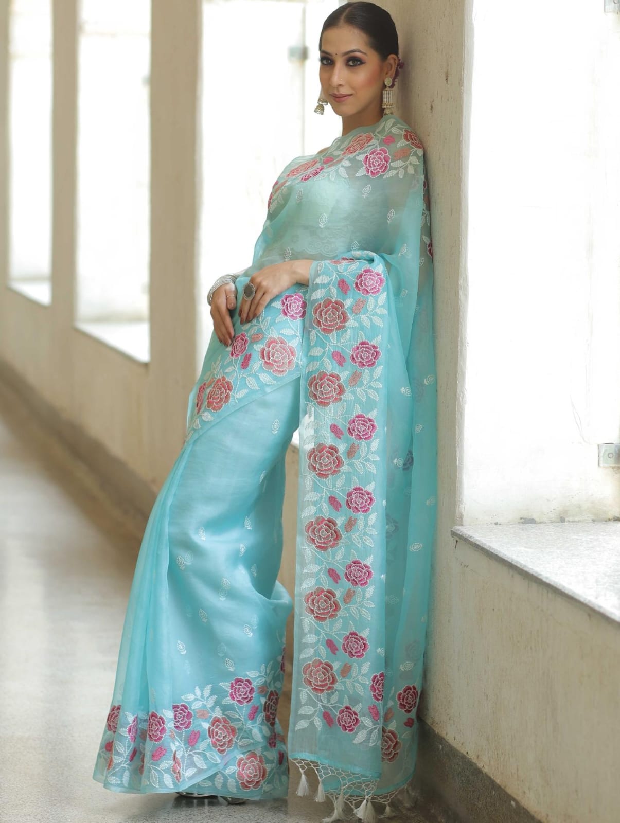 Function Wear Sky Blue Color Multi Embroidery Work Organza Saree