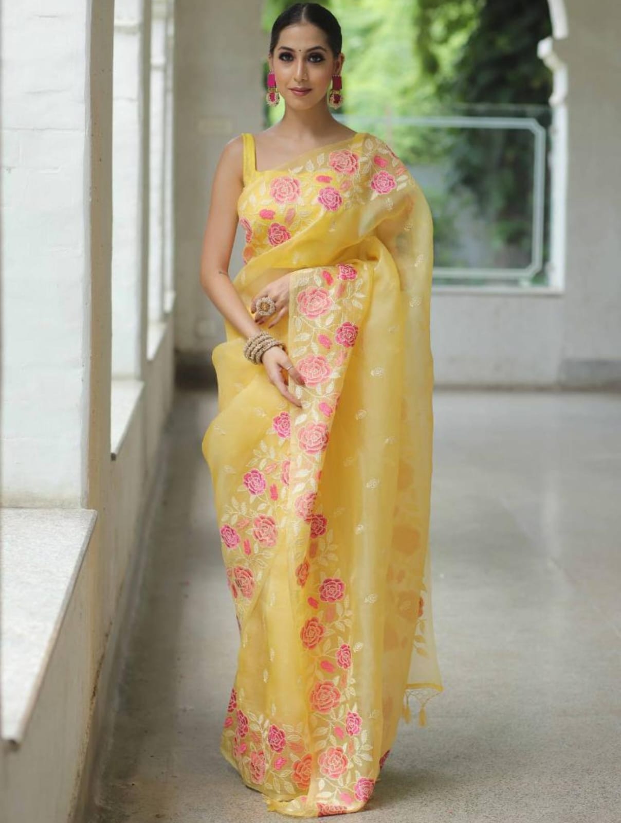 Function Wear Yellow Color Multi Embroidery Work Organza Saree