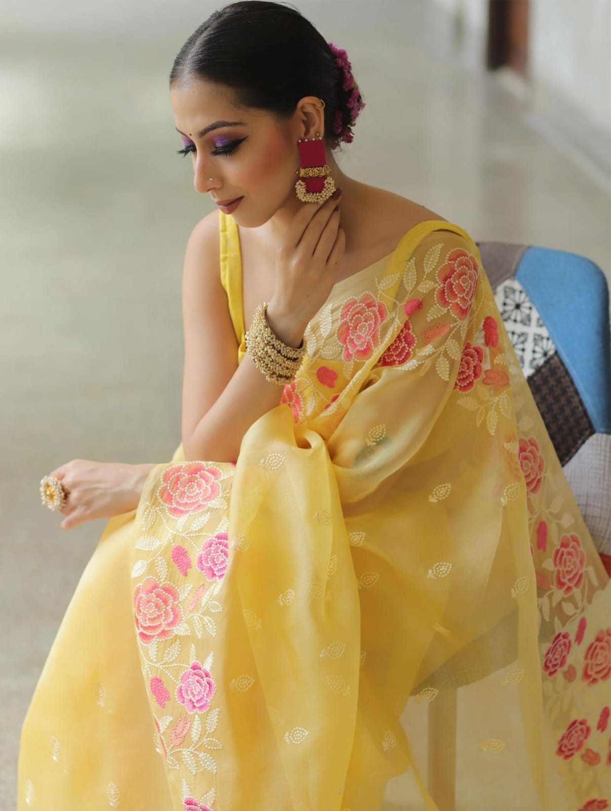 Function Wear Yellow Color Multi Embroidery Work Organza Saree