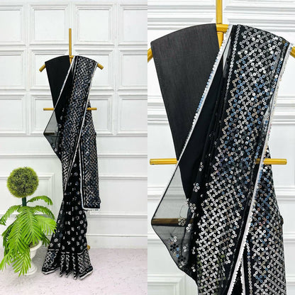 Designer Black Color Sequence Work On All Over Saree