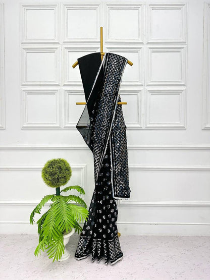 Designer Black Color Sequence Work On All Over Saree